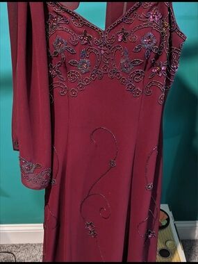 Burgundy Beaded Pron Dress & Shawl